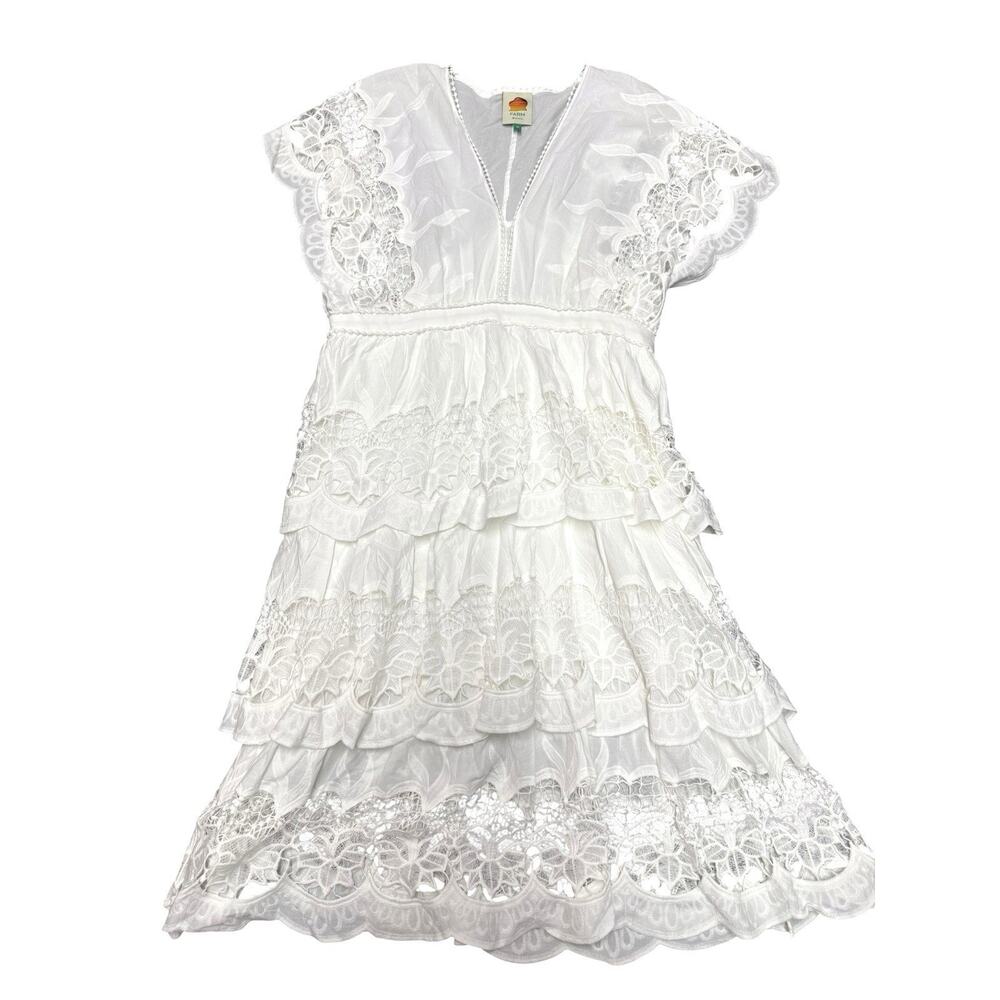 FARM Rio Richelieu Tiered Lace Midi Dress XL White Cotton Boho Embroidered - Picture 3 of 9